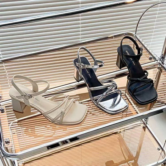 Sandálias de salto grosso, estilo francês da moda, sapatos femininos de verão