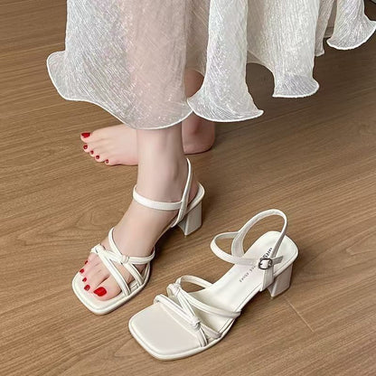 Sandálias de salto grosso, estilo francês da moda, sapatos femininos de verão