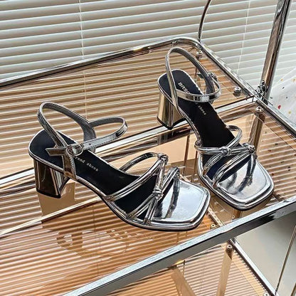 Sandálias de salto grosso, estilo francês da moda, sapatos femininos de verão
