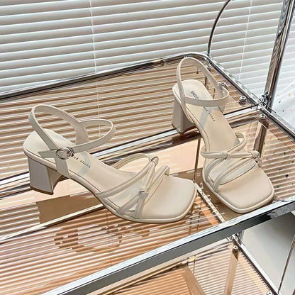 Sandálias de salto grosso, estilo francês da moda, sapatos femininos de verão