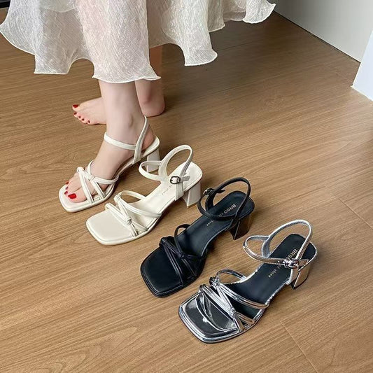 Sandálias de salto grosso, estilo francês da moda, sapatos femininos de verão